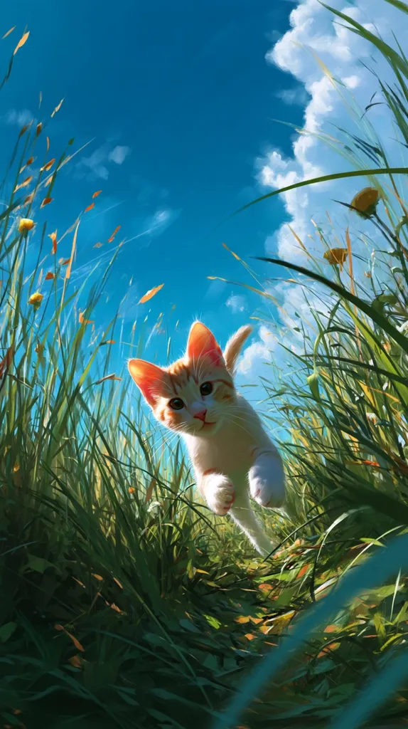 A playful ginger and white kitten dashes through tall green grass under a vibrant blue sky dotted with fluffy white clouds.  Yellow wildflowers peek from the foliage as the kitten, captured in a low-angle shot, seems to bound towards the viewer. The scene is bright, cheerful, and evokes a sense of springtime joy.