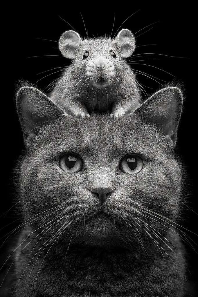 A black and white close-up shot reveals a gray cat, its large, expressive eyes focused on the viewer.  Atop the cat's head sits a small gray rat, also gazing directly at the camera.  The contrast between the two animals creates a striking and humorous image against the stark black background. The cat appears calm, and the rat seems unafraid, creating an unusual moment of peaceful coexistence.