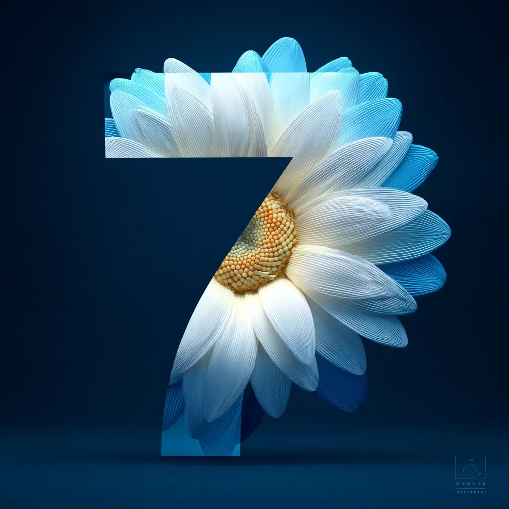 A stylized image depicts the number seven formed by a vibrant daisy.  Half of the flower is white, transitioning to a soft blue at the edges.  The petals are meticulously detailed, giving a three-dimensional effect. The number seven is sharply defined against a deep blue background, creating a striking visual contrast. The overall aesthetic is modern and artistic.