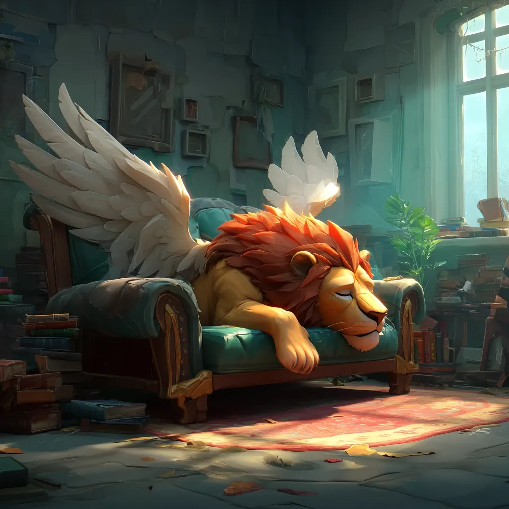 A majestic lion with large, white wings rests peacefully on a plush, teal armchair in a dimly lit, cluttered room.  Books and other objects are scattered around, suggesting a lived-in space. Sunlight streams through a window, illuminating the scene. The lion's serene expression and the overall atmosphere create a sense of calm amidst the slightly disheveled surroundings.