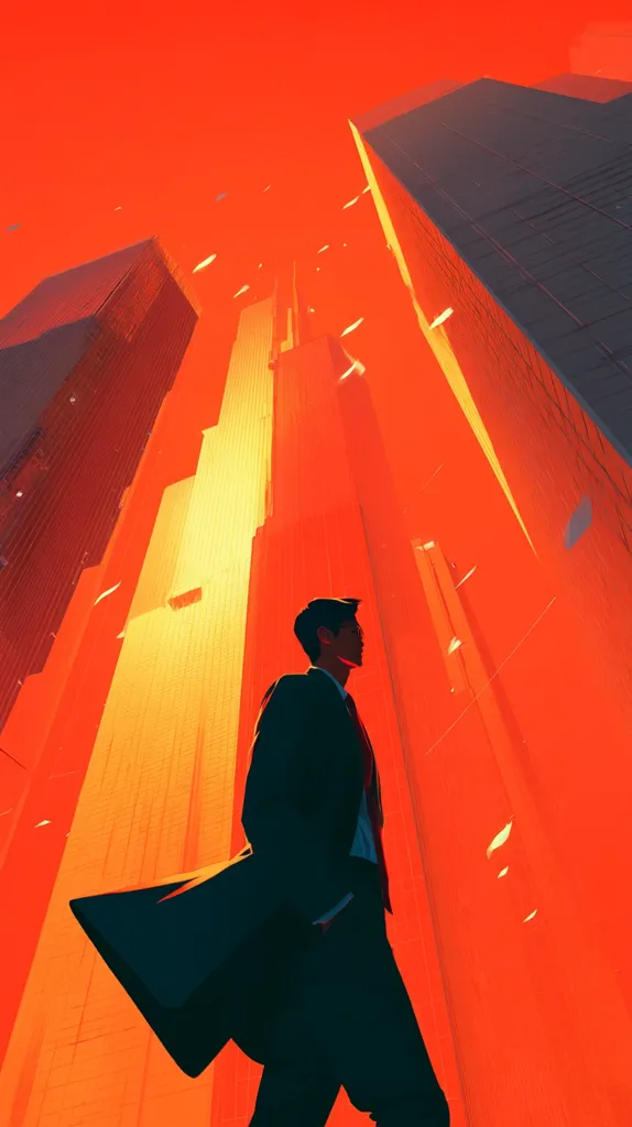 A stylized illustration depicts a man in a suit walking amidst towering skyscrapers under a vibrant orange sky.  The bold colors and sharp lines create a dramatic and almost surreal cityscape. The man's silhouette is stark against the bright background, suggesting ambition and urban exploration.  The overall effect is one of dynamism and upward mobility.