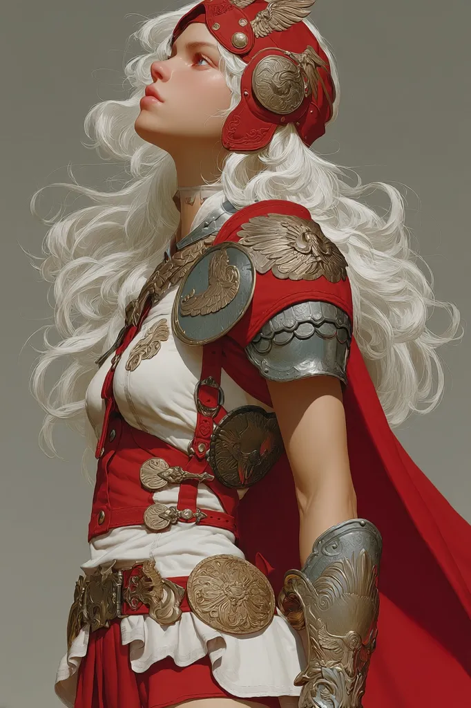 A digital painting depicts a female warrior with flowing white hair, adorned in ornate red and gold armor.  The armor features intricate designs, including winged emblems, and is complemented by a flowing red cape. The warrior's pose suggests strength and confidence, her gaze directed upward.  The style is highly detailed and reminiscent of fantasy art.