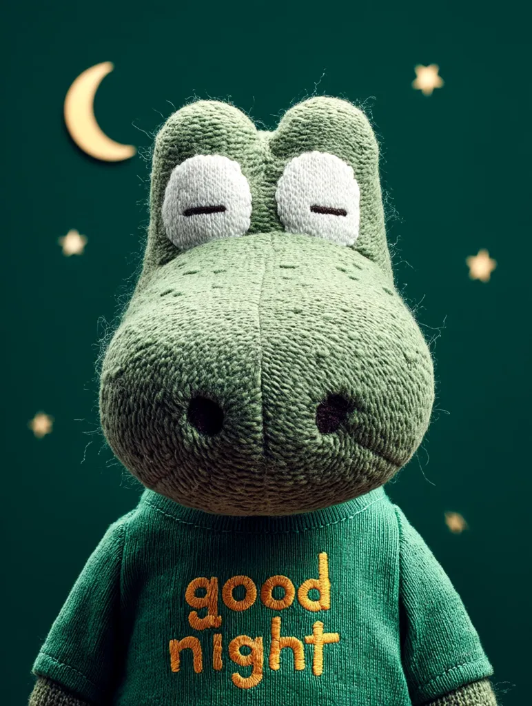 A cuddly green crocodile plush toy, wearing a green shirt that says "good night" in yellow embroidery, is shown against a dark green background with a crescent moon and stars.  The crocodile's eyes are closed, suggesting sleepiness. The overall image is soft and peaceful, evoking a bedtime scene.