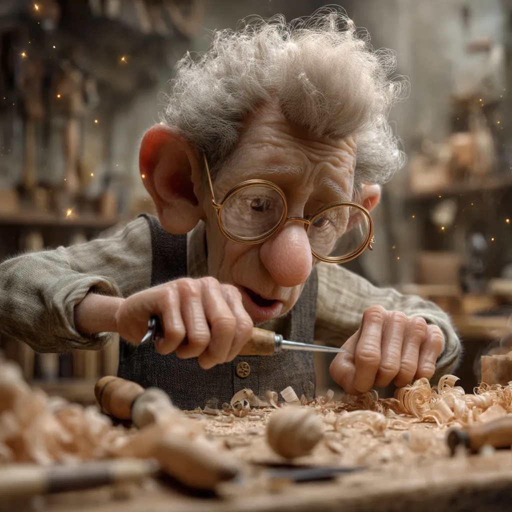 A whimsical, elderly craftsman with large ears and round spectacles meticulously carves wood in his cluttered workshop.  Dust motes dance in the air as he focuses intently on his detailed work, his hands delicately maneuvering a small chisel.  The scene is warm and intimate, evoking a sense of age-old craftsmanship and magical charm.