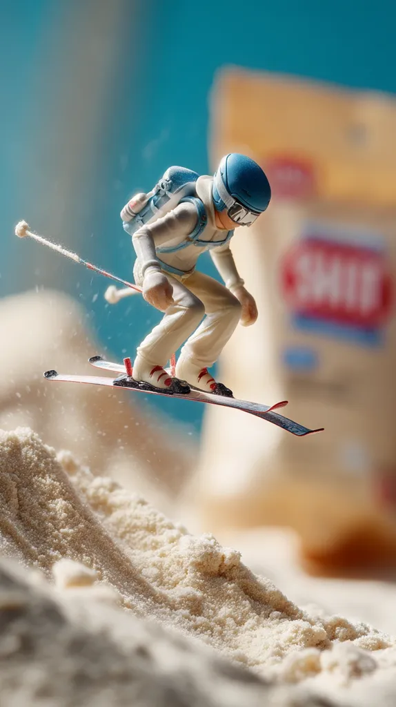 A miniature skier, outfitted in a white suit and blue helmet, executes a daring jump.  He's equipped with skis and poles, soaring over a mound of light beige powder.  A blurred background reveals a food product package, suggesting a playful, creative advertisement using miniature figures.  The scene is dynamic and imaginative.