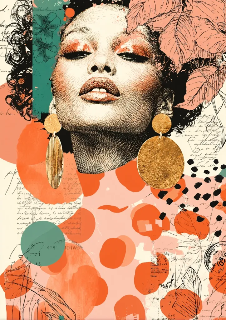 A stylized portrait of a woman with dark curly hair, wearing large gold earrings.  The image is a collage incorporating hand-drawn elements, textured backgrounds of coral and peach tones,  and snippets of handwritten text and postage stamps.  The woman's face is rendered in a detailed, almost sketched style, contrasting with the abstract background.  The overall effect is modern and artistic, blending realism with collage techniques.