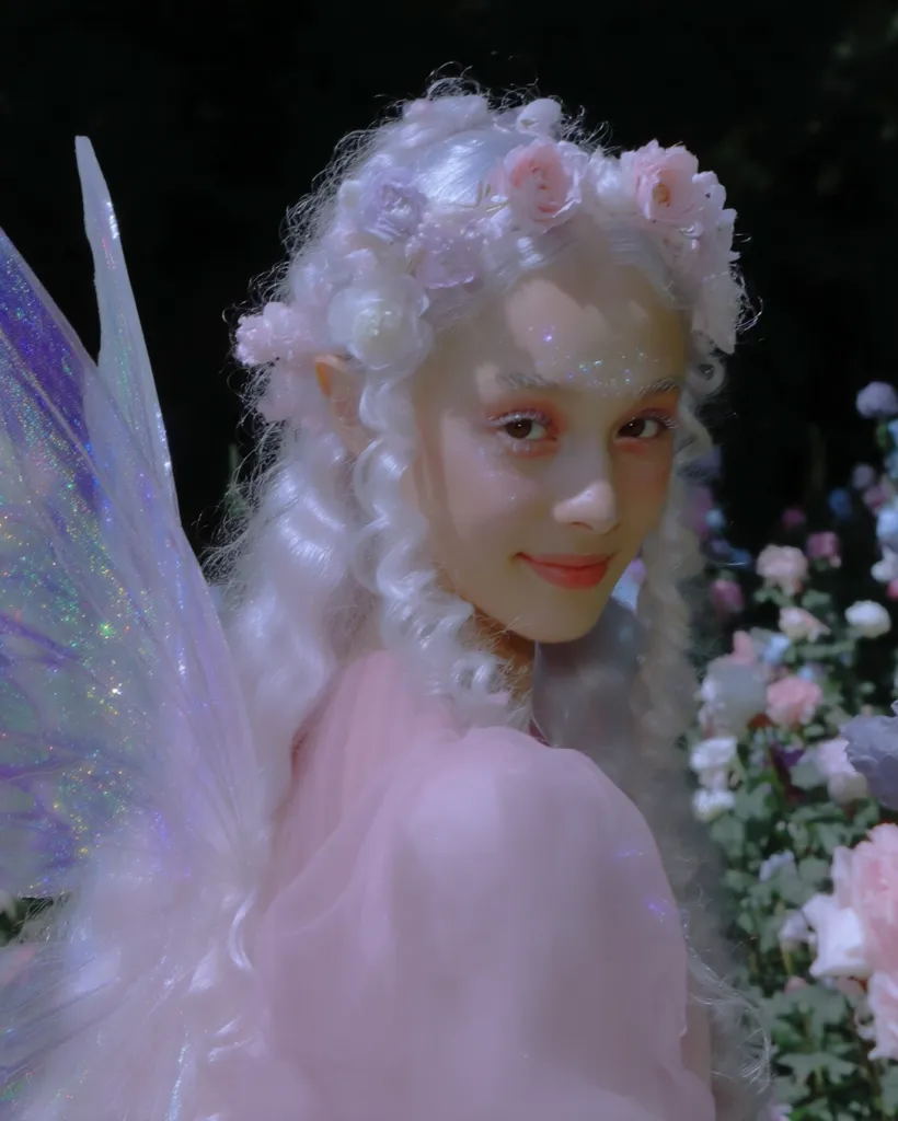 A young woman is portrayed as a fairy, adorned in a delicate pink dress and large iridescent wings.  Her long, white curly hair is crowned with a floral wreath.  Her pale makeup enhances a soft, ethereal beauty.  She is partially turned, gazing slightly off-camera, amidst a softly blurred backdrop of pink and white flowers, creating a dreamy, whimsical scene.