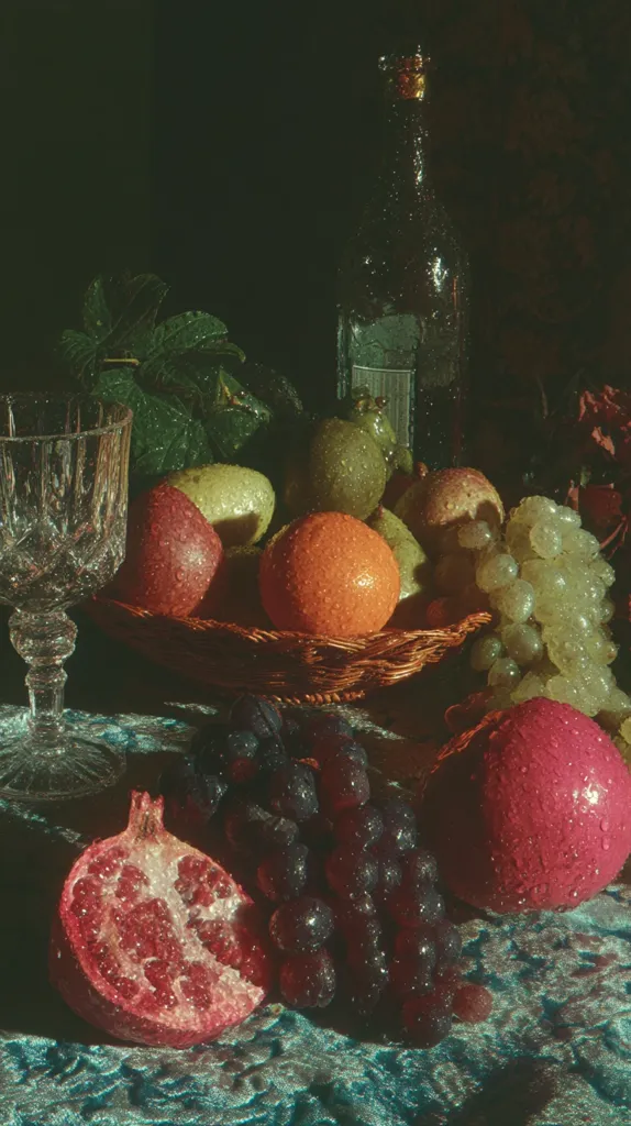 A still life arrangement features a variety of glistening fruits – oranges, pomegranates, grapes (both green and dark purple), and other exotic fruits – nestled in a wicker basket. A crystal glass and a dark bottle, possibly wine, add depth to the composition.  The fruits appear fresh and water droplets are visible on their surfaces, enhancing their vibrancy against a dark, moody background. The scene is illuminated with dramatic lighting, highlighting textures and colors.