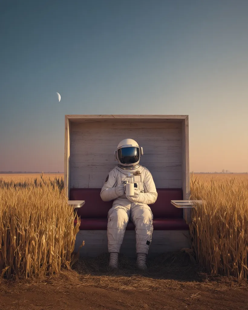 A lone astronaut, seated on a rustic wooden bench in a golden wheat field, contemplates the serene landscape under a crescent moon. The astronaut, in a pristine white spacesuit, holds a mug, creating a surreal juxtaposition of cosmic exploration and earthly tranquility.  The scene evokes a sense of peace and quiet contemplation, a moment of respite in the vastness of space and time.