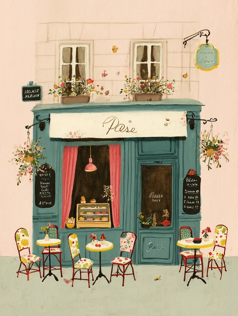 A charming illustration depicts a Parisian café, "Pâtisserie," with teal walls and pink curtains.  Flower boxes adorn the windows, and hanging baskets flank the entrance.  Small tables with patterned chairs are set outside, inviting patrons to enjoy pastries and drinks.  Menus are displayed, listing various treats in French. The overall style is whimsical and quaint, evoking a sense of Parisian charm.