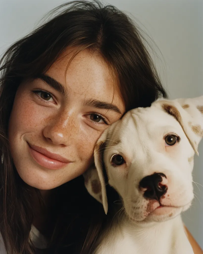 A young woman with long brown hair and freckles smiles gently as she rests her cheek against a cute white puppy with brown spots.  The puppy gazes directly at the camera, its expression calm and trusting.  The soft lighting and close-up framing create an intimate and heartwarming scene.