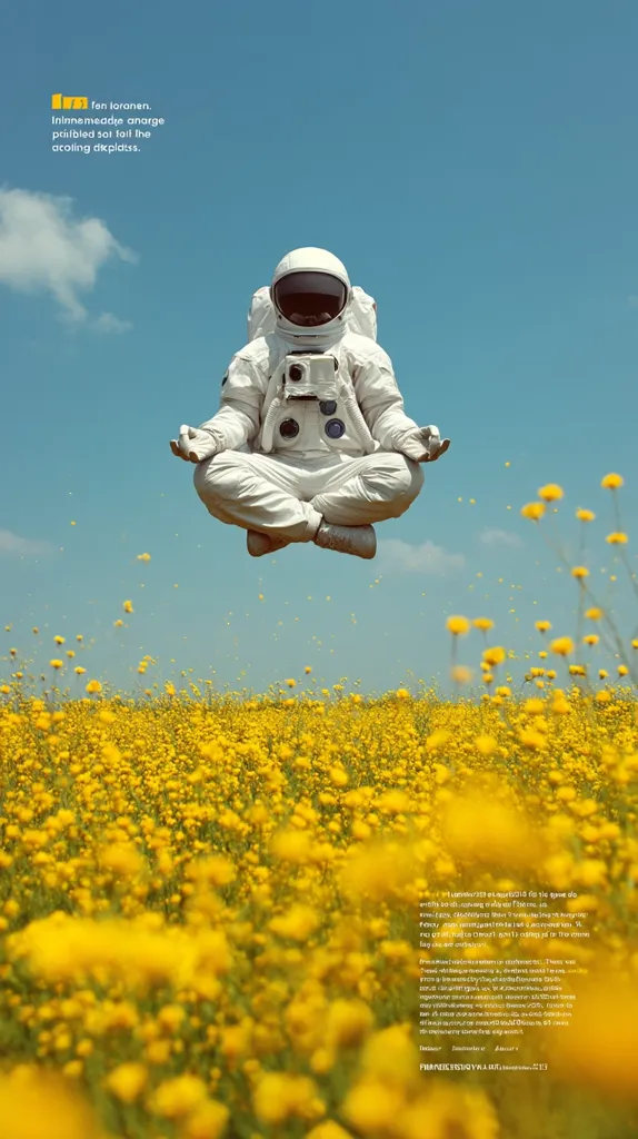 A serene image depicts an astronaut in a spacesuit, levitating in a meditative lotus pose above a vibrant field of yellow wildflowers under a clear blue sky.  The scene evokes a sense of peace and tranquility, contrasting the astronaut's technological environment with the natural beauty of the earth.  Small text is present, but illegible in this context.