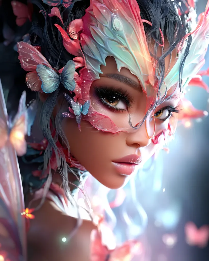 A digital painting of a woman with a butterfly-like mask.  The mask is intricately detailed with pastel pinks and blues, blending seamlessly with her dark hair.  Butterflies flutter around her face and shoulders, creating a magical and ethereal atmosphere.  Her expression is serene yet captivating, her eyes accentuated by the mask's delicate design. The overall effect is one of fantasy and beauty.
