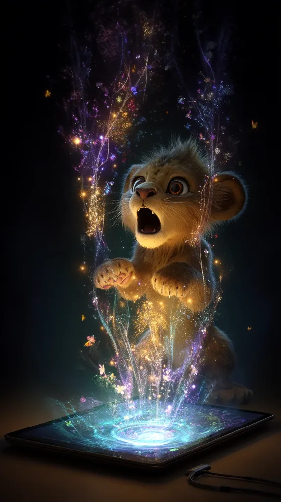 A digitally rendered lion cub, mouth agape in wonder, emerges from a tablet screen.  Glowing particles and ethereal butterflies swirl around it, creating a magical, otherworldly scene. The cub's expression is one of surprise and delight, as if enchanted by the digital spectacle. The dark background emphasizes the vibrant, luminous energy emanating from the tablet and the cub.