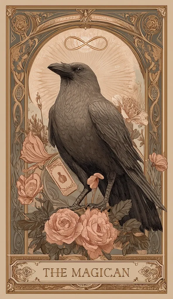 An art deco-style illustration titled "The Magician."  A dark crow, central to the composition, stands amidst blush-toned roses and other floral elements.  An infinity symbol is positioned above, within an ornate frame.  The style is reminiscent of vintage tarot cards or book illustrations, with detailed linework and muted color tones creating a mystical and elegant aesthetic.  A small card depicting a potion bottle rests beneath the bird.