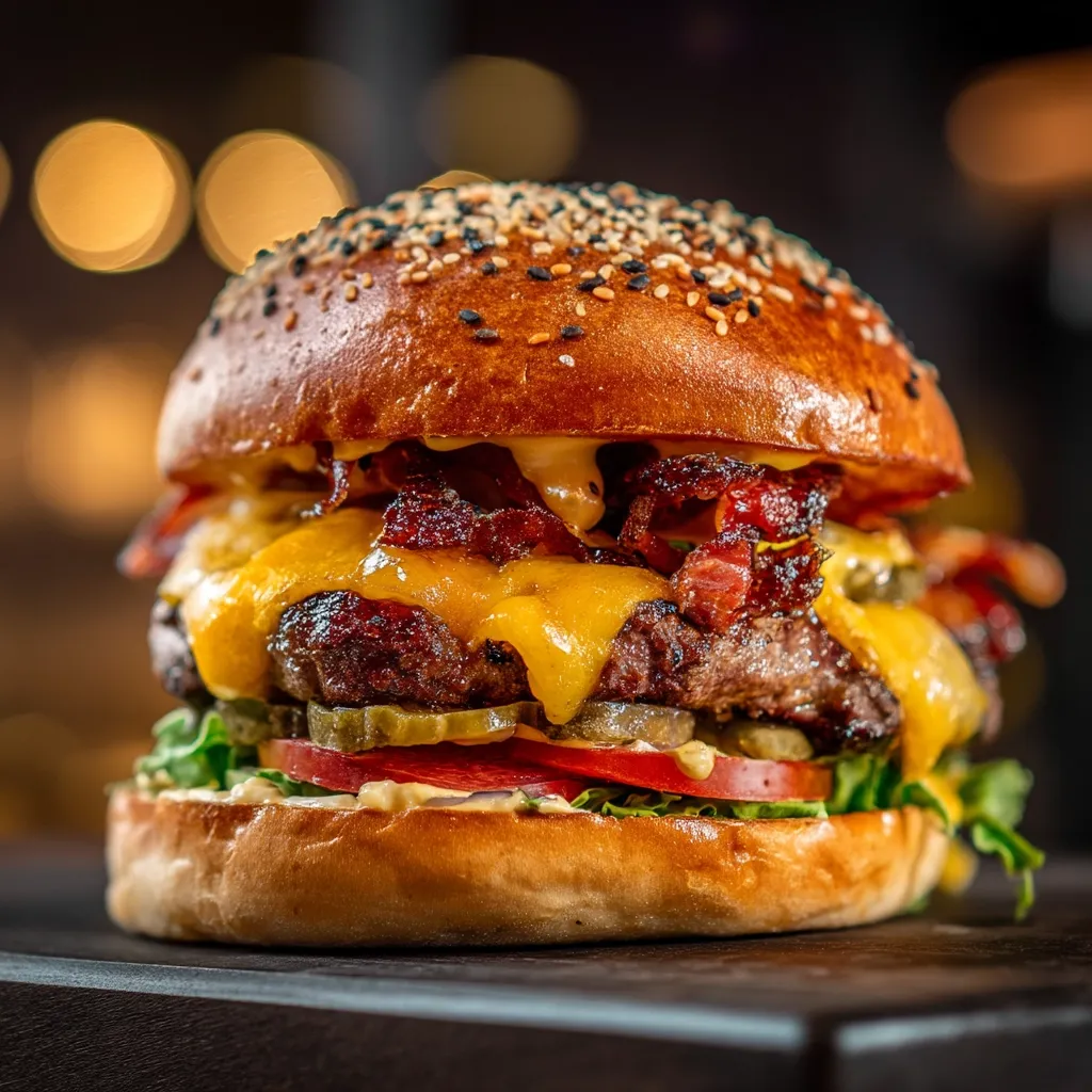 A mouthwatering gourmet burger is showcased.  The toasted brioche bun is generously topped with melted cheddar cheese, crispy bacon, juicy beef patty, pickles, tomato, and lettuce.  Sesame seeds adorn the bun, enhancing its visual appeal. The burger sits on a dark surface, creating a dramatic contrast and highlighting its delicious ingredients.  It’s a picture of pure burger perfection.