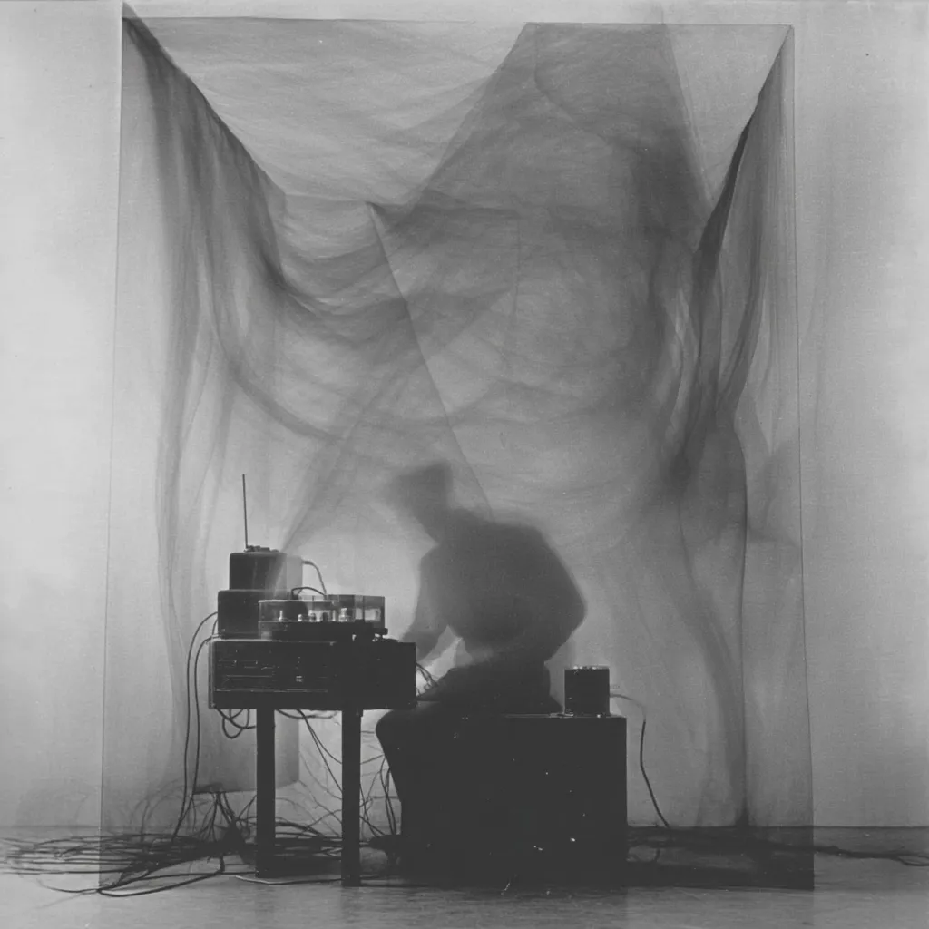 A black and white photograph depicts a shadowy figure seated behind a table of electronic equipment, partially obscured by a translucent, flowing curtain. The setup is enclosed within a glass structure, creating a sense of both intimacy and isolation.  The image's ambiguous nature suggests themes of technology, performance, and the interplay between visibility and concealment.  The overall mood is contemplative and somewhat mysterious.