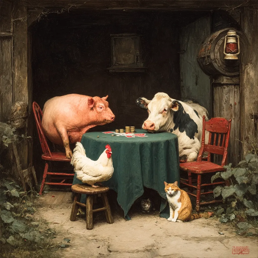 A pig, cow, and rooster are seated around a table playing cards in a rustic barn setting. A cat observes the game from the floor. The scene is detailed, with red chairs, a green tablecloth, and a wooden stool.  A lantern hangs on the barn wall, adding to the quaint atmosphere. The animals are anthropomorphized, engaging in a human-like activity.