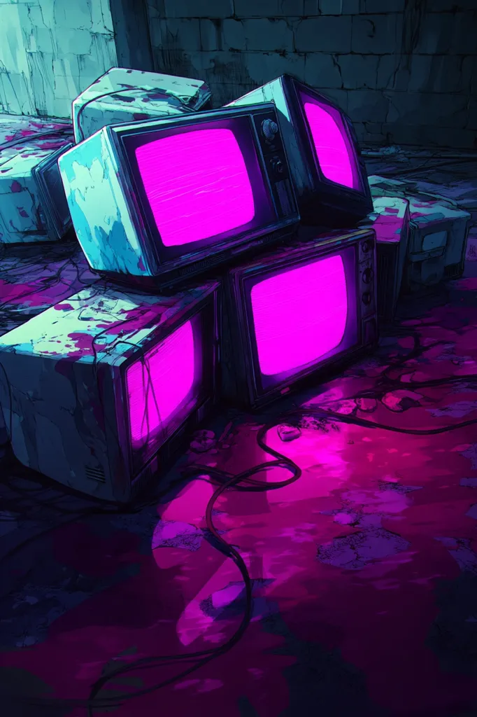 A pile of old, discarded televisions sits on a stained floor, their screens glowing with a vibrant pink light.  The scene is set in a dark, grungy, possibly abandoned location with exposed brick.  The televisions are various sizes and states of disrepair, wires snaking across the floor.  The overall aesthetic is dark, cyberpunk, and slightly melancholic.