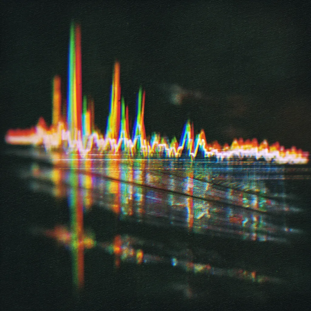 A vibrant, multicolored waveform, reminiscent of a sound wave or data visualization, is depicted.  The image features a glitch effect, with rainbow distortions and a slightly blurry, out-of-focus aesthetic.  It's reflected in a dark, possibly wooden, surface below, enhancing the surreal and abstract nature of the scene. The overall tone is dark, contrasting with the bright, colorful waveform.