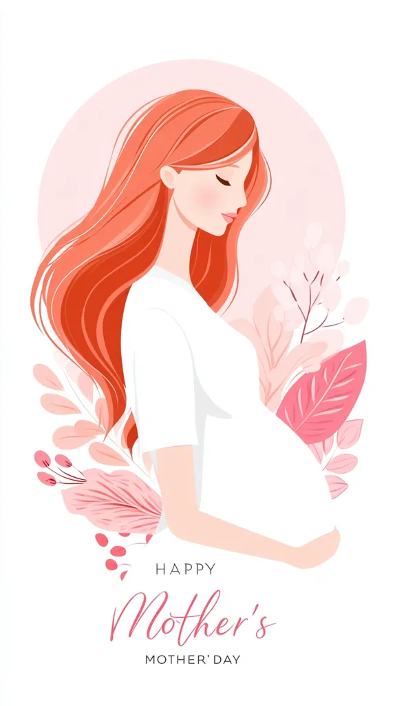 A pregnant woman with long, flowing red hair is depicted in a minimalist illustration.  She's wearing a simple white dress and is gently cradled by soft pink floral elements.  The overall aesthetic is delicate and serene. The words "Happy Mother's Mother's Day" are elegantly inscribed at the bottom, making it a perfect Mother's Day card design.