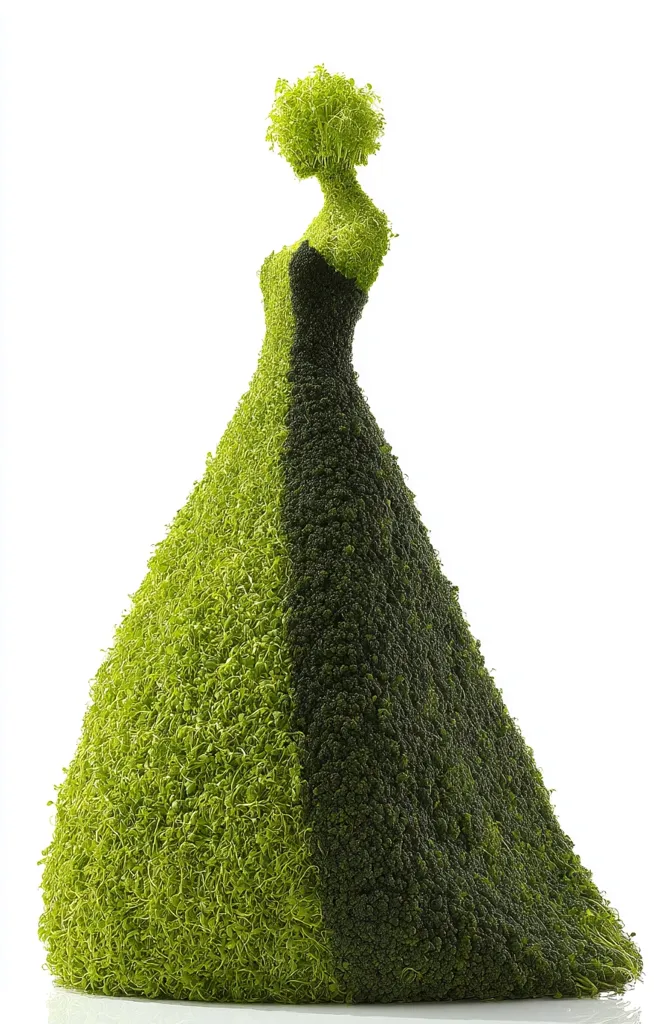 A mannequin is adorned with a gown crafted from vibrant green and darker green sprouts. The dress, shaped like a flowing ballgown, is meticulously formed from the plants, creating a unique and visually striking piece of living art. The overall effect is one of elegance and environmental consciousness.  The image is set against a stark white background, highlighting the dress's texture and form.