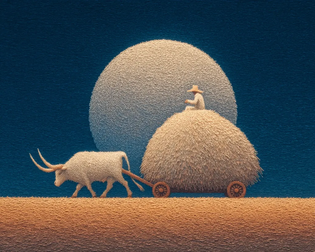 A white ox pulls a cart laden with a large haystack under a large, pale moon.  A lone figure in a straw hat sits atop the hay. The scene is rendered in a textured, almost embroidered style, with a muted color palette of creams, browns, and deep blue. The overall impression is one of peaceful solitude and rural life.
