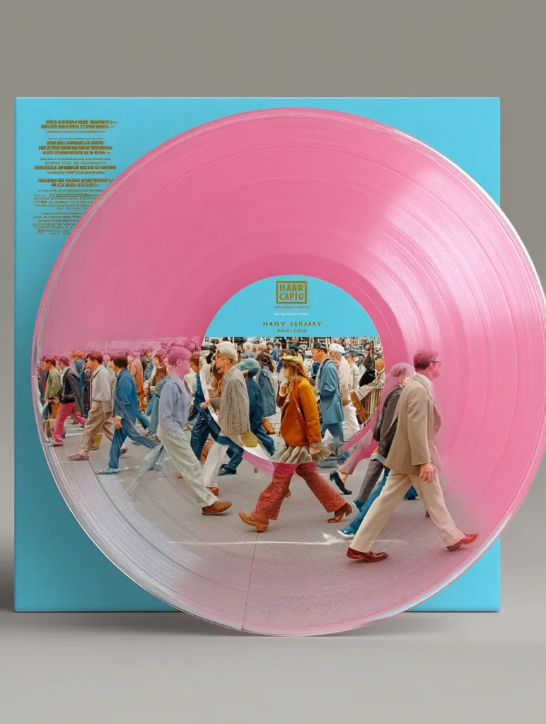 A pink vinyl record features artwork depicting a bustling street scene with numerous people walking.  The record is translucent, allowing the image to be partially visible through the vinyl.  The label displays "Harr Capic" and "Hanyu Sbrary," suggesting an artist and album title.  The overall aesthetic is vibrant and retro, evoking a sense of movement and urban life.  The record is presented against a light teal background.