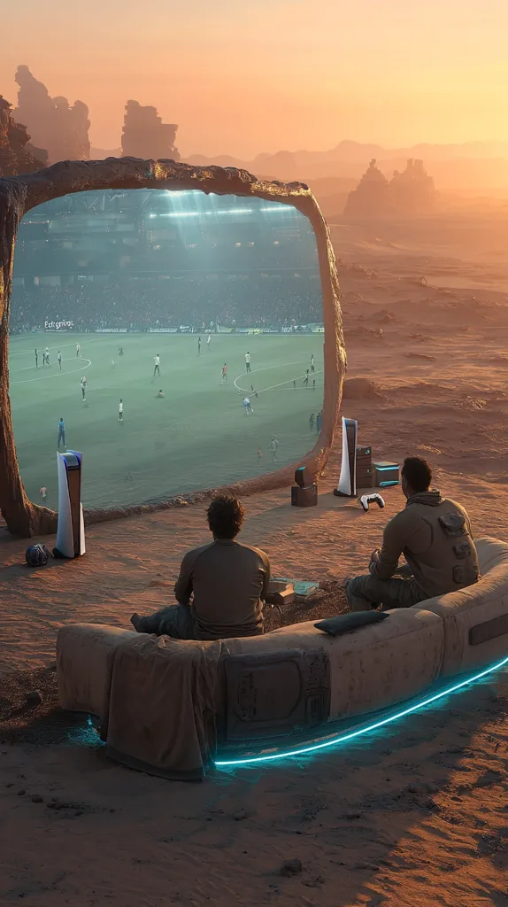 Two figures relax on a futuristic curved bench in a desolate, rocky landscape.  A massive, rock-hewn screen displays a vibrant soccer game.  Advanced gaming consoles are positioned nearby, suggesting a technologically advanced, yet isolated, viewing experience under a sunset sky. The scene blends futuristic technology with a harsh, natural environment.