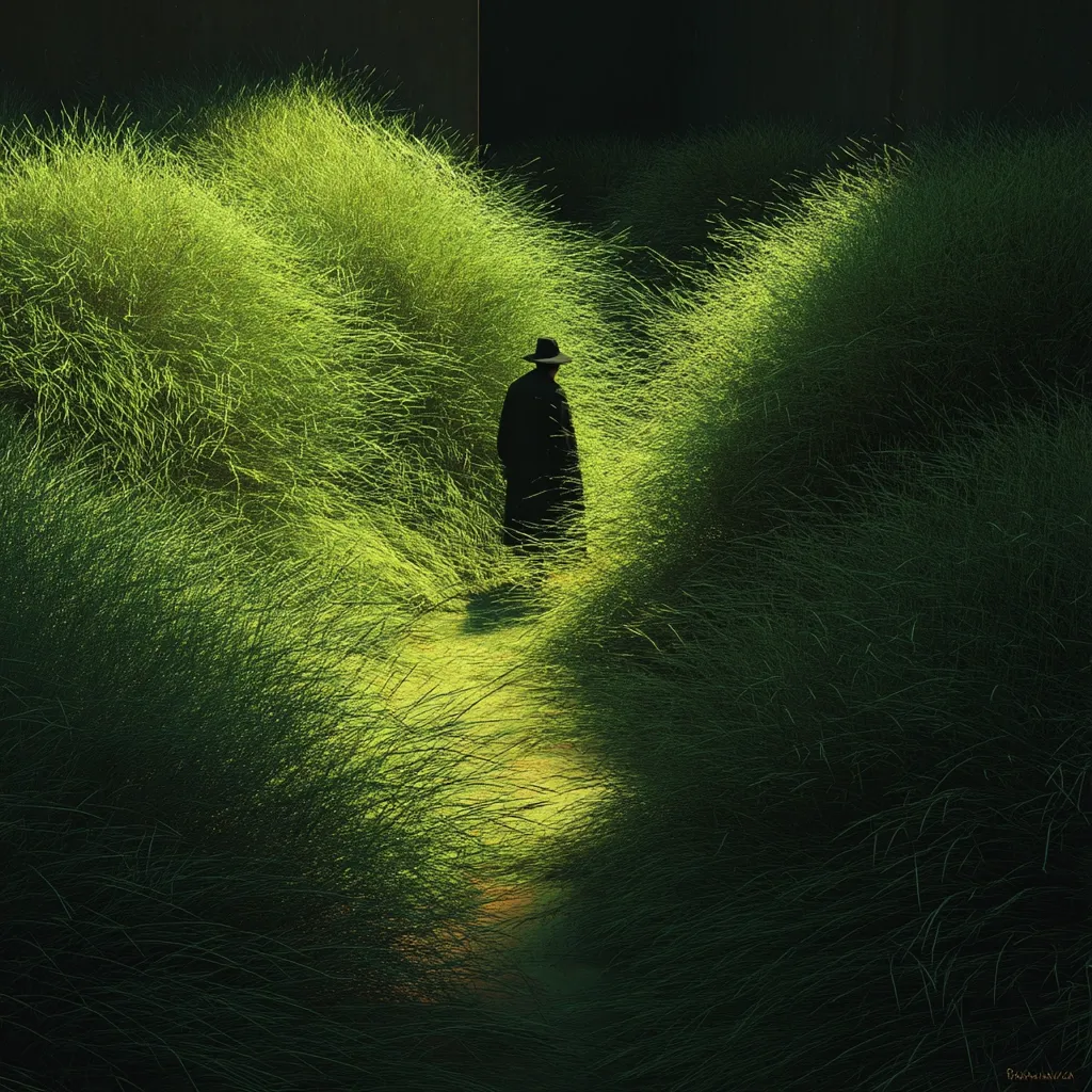 A lone figure, cloaked in darkness and wearing a hat, walks down a sunlit path through tall, vibrant green grass.  The path divides the dense foliage, creating a sense of mystery and isolation.  The contrast between the dark figure and the luminous grass is striking, emphasizing the solitude of the scene. The image evokes a feeling of quiet contemplation and peaceful seclusion.