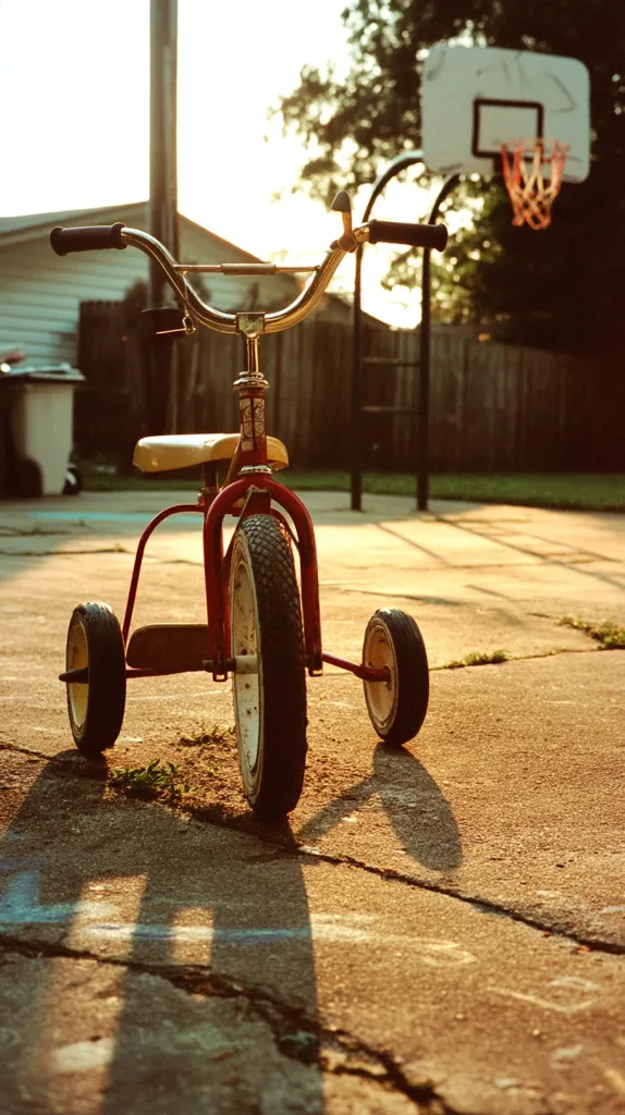 A vintage red tricycle sits on a cracked asphalt surface, bathed in the golden light of sunset.  A basketball hoop is visible in the background, suggesting a backyard setting.  The tricycle's shadow stretches long across the ground, emphasizing the late afternoon sun.  The scene evokes a sense of nostalgia and childhood memories.