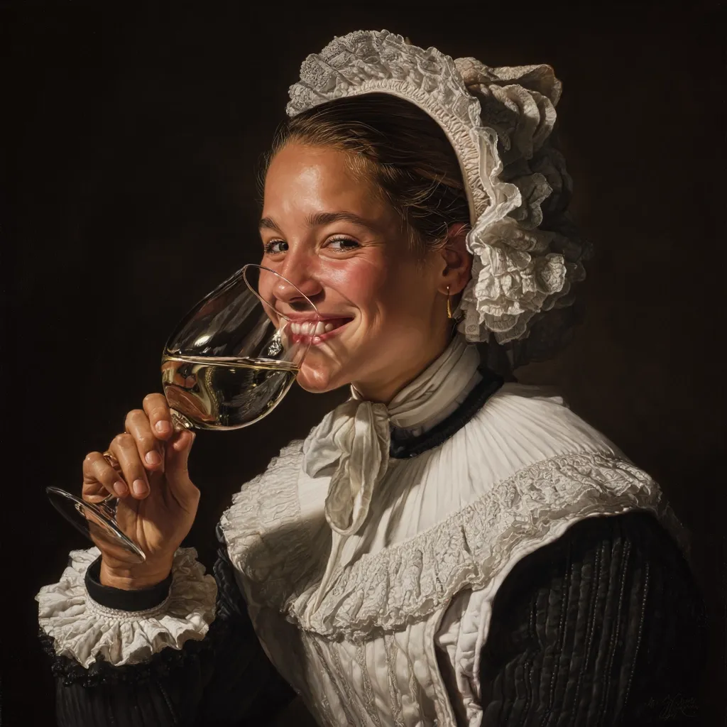 A hyperrealistic painting depicts a young woman, elegantly dressed in a white lace-trimmed bodice and dark outer garment, and a white lace bonnet. She holds a stemmed glass of white wine to her lips, a gentle smile gracing her face.  The lighting and detail create a sense of intimacy and evoke a mood of quiet joy and contentment. The style is reminiscent of 17th-century Dutch portraiture.