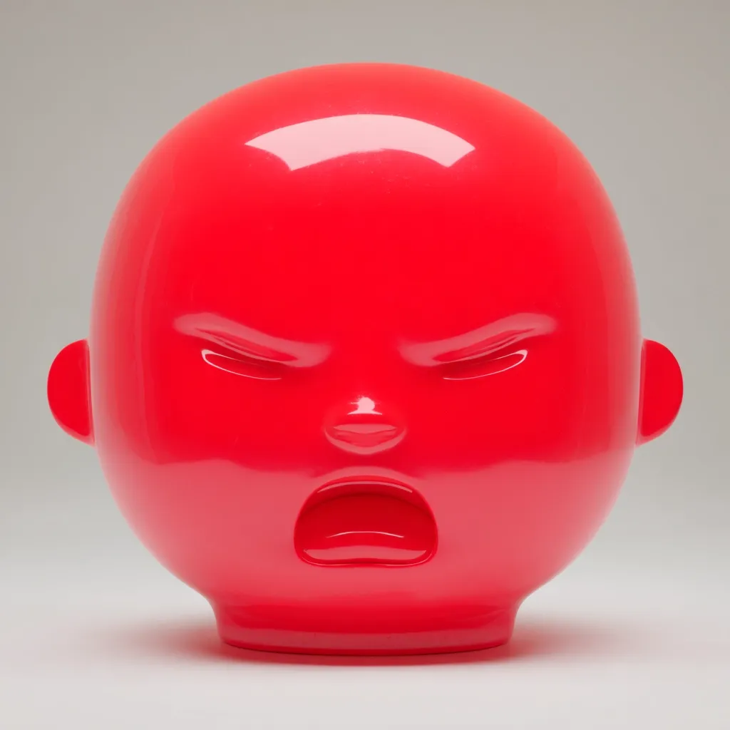 A vibrant red sculpture resembling a baby's head is depicted.  The smooth, glossy surface contrasts with the furrowed brows and open mouth, conveying a clear expression of anger or frustration. The simplistic form and bold color create a striking visual impact. The sculpture's rounded shape and small ears add to its childlike appearance, amplifying the intensity of its emotional expression.