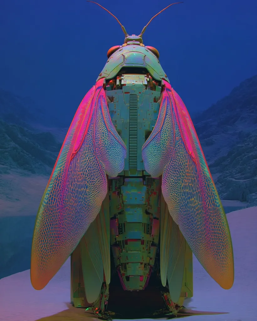 A digital rendering depicts a biomechanical insect, possibly a cicada, standing on a snow-covered surface. Its body is metallic, with intricate circuit-like details, while its wings are iridescent, exhibiting a vibrant spectrum of pink, green, and yellow. The background features a dark blue sky and a mountainous landscape. The overall aesthetic is futuristic and surreal.