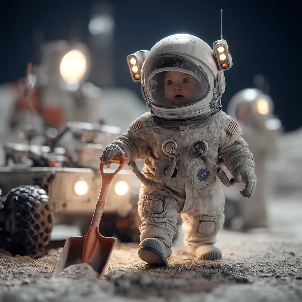 A toddler in a weathered astronaut suit stands on a lunar-like landscape, holding a small shovel.  A lunar rover with glowing lights is visible in the background, along with another blurred astronaut figure. The scene is dimly lit, emphasizing the child's presence and the desolate, extraterrestrial setting.  The image suggests a fantastical or futuristic narrative.