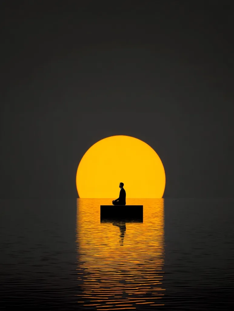 A lone figure sits in a meditative pose on a small platform floating serenely on calm water.  A large, vibrant yellow sun dominates the horizon, casting a warm glow on the scene. The silhouette of the person against the bright orb creates a powerful image of peace and contemplation, emphasizing solitude and the vastness of nature.  The dark sky and water enhance the dramatic effect.