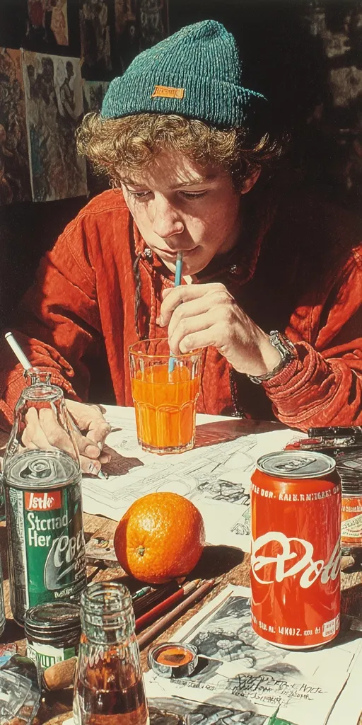 A young person, wearing a teal beanie and red jacket, sits at a table, sipping orange juice through a straw.  They are engrossed in sketching on a piece of paper scattered with art supplies.  A can of soda, an orange, and other drinks are on the table, bathed in sunlight. The scene is detailed and realistically rendered, suggesting a moment of quiet concentration.