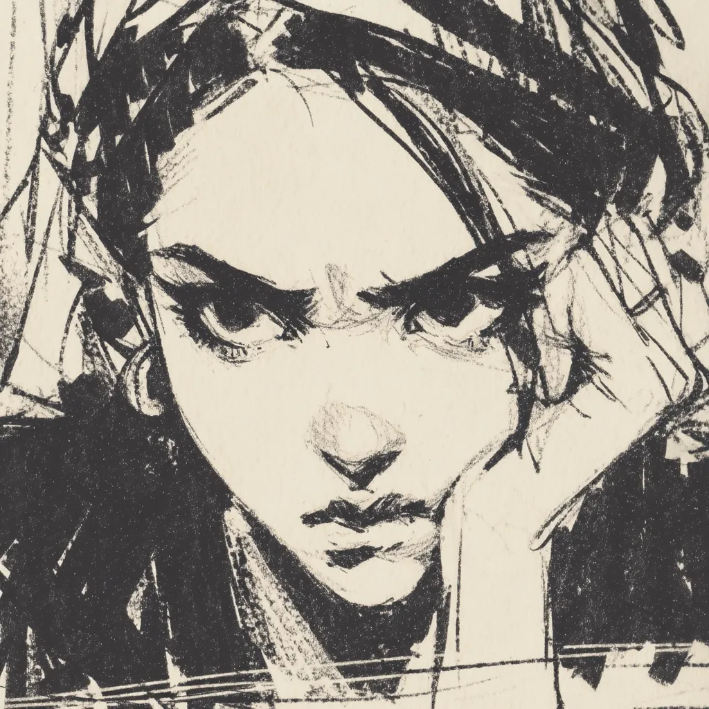 A close-up, expressive black and white sketch of a woman's face.  Her dark eyes are narrowed, conveying anger or frustration.  Her hand rests on her cheek, adding to the pensive mood. The style is loose and gestural, emphasizing emotion over precise detail. The background is subtly textured, enhancing the overall dramatic effect.