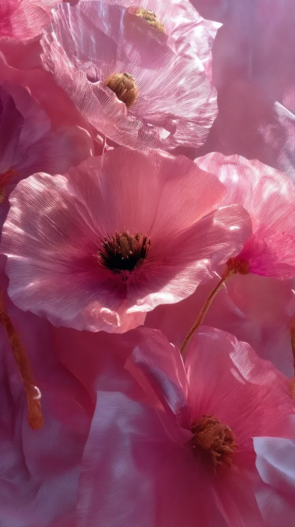 A close-up shot reveals delicate pink poppies, their translucent petals illuminated by soft light. The image showcases the intricate texture and delicate veins of the flowers, creating a dreamy, ethereal effect.  The poppies are clustered together, their subtle color variations adding depth to the composition.  The overall feel is one of soft beauty and gentle light.