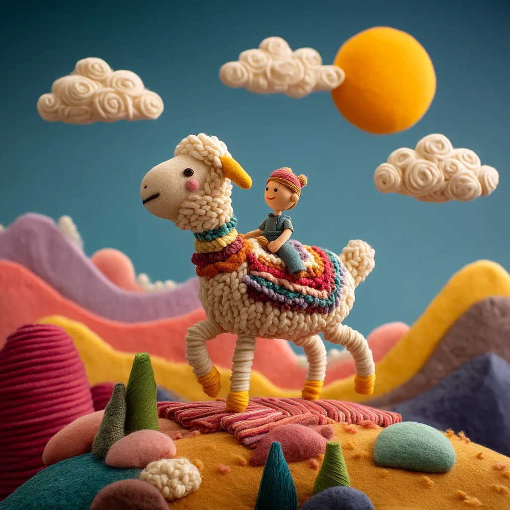 A whimsical scene depicts a small child riding a colorful, yarn-like llama across a vibrant landscape.  The backdrop features stylized hills in various pastel shades, fluffy clouds, and a cheerful sun. The overall aesthetic is playful and handcrafted, reminiscent of felt or yarn art. The llama's saddle is adorned with rainbow-colored threads, adding to the cheery atmosphere.