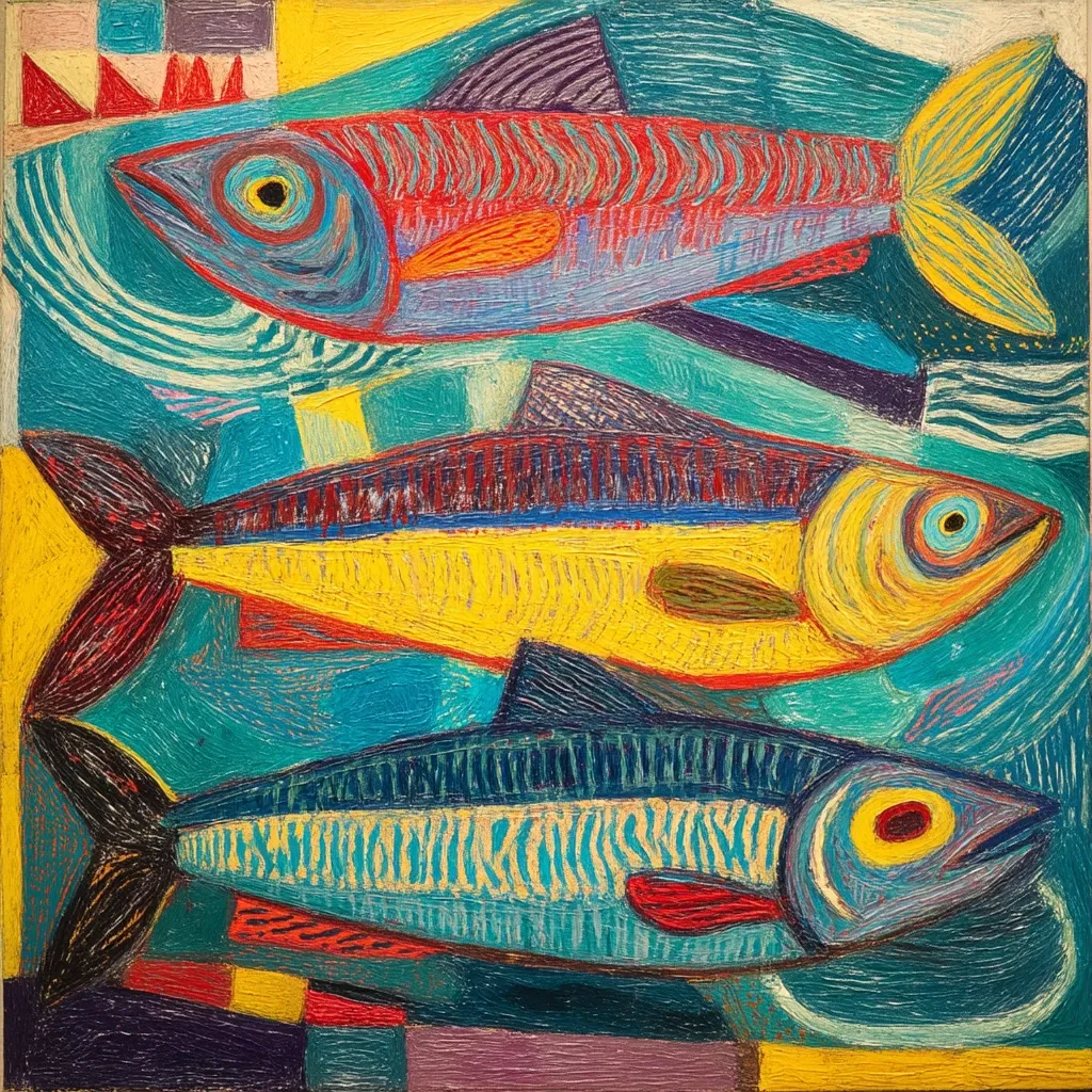 A vibrant, impasto-style painting depicts three stylized mackerel swimming amidst a geometric abstract background. The fish are rendered in bold, contrasting colors—red, yellow, and blue—with expressive, textured brushstrokes.  The background features a playful arrangement of shapes and colors, creating a dynamic interplay between the representational fish and abstract forms. The overall effect is energetic and visually engaging.