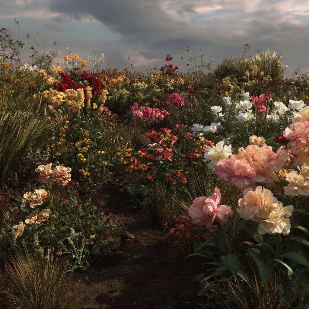 A sun-dappled garden path winds through a vibrant profusion of flowers.  Peach and blush peonies dominate the foreground, contrasting with a diverse array of blooms in reds, oranges, yellows, and whites.  Tall grasses and darker foliage create depth and texture. The scene evokes a feeling of peaceful beauty under a partly cloudy sky.