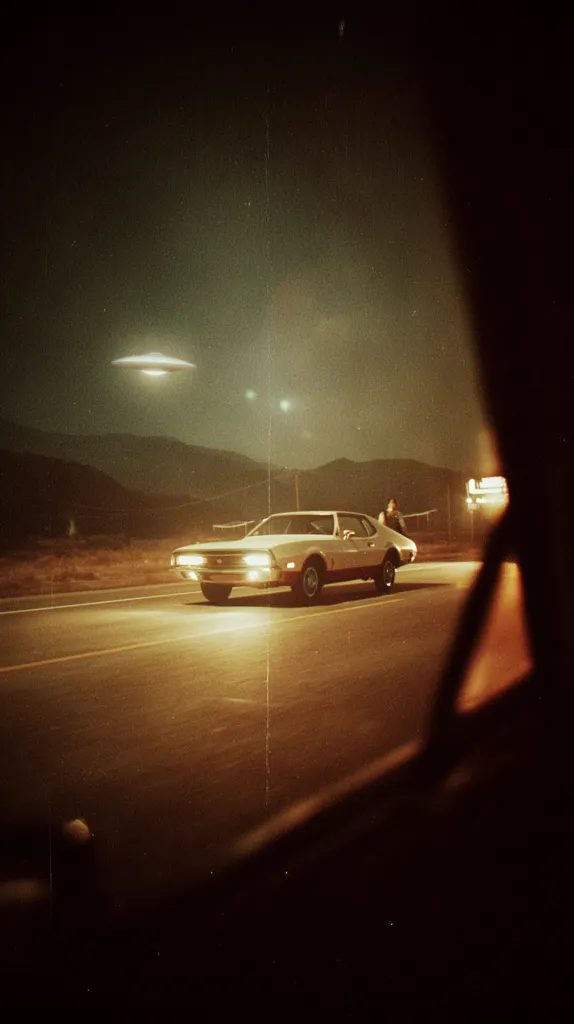 A vintage-styled image depicts a classic car driving on a desert highway at night. A UFO hovers in the dark sky above.  A figure stands near the car, adding to the mysterious and otherworldly atmosphere. The scene is framed by a dark, shadowed foreground, enhancing the sense of intrigue.  The overall effect is reminiscent of a classic science fiction film.