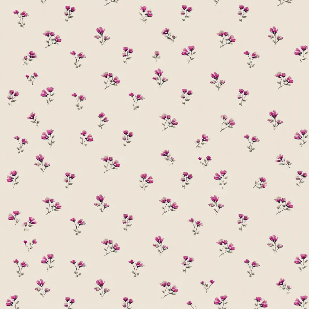 A delicate floral pattern adorns a cream-colored background.  Small, dark pink flower sprigs are evenly scattered across the surface, creating a subtle and charming repeat design.  The style is reminiscent of vintage textiles or wallpaper, ideal for a feminine or romantic aesthetic.  The flowers are simple in form, suggesting a watercolor effect.