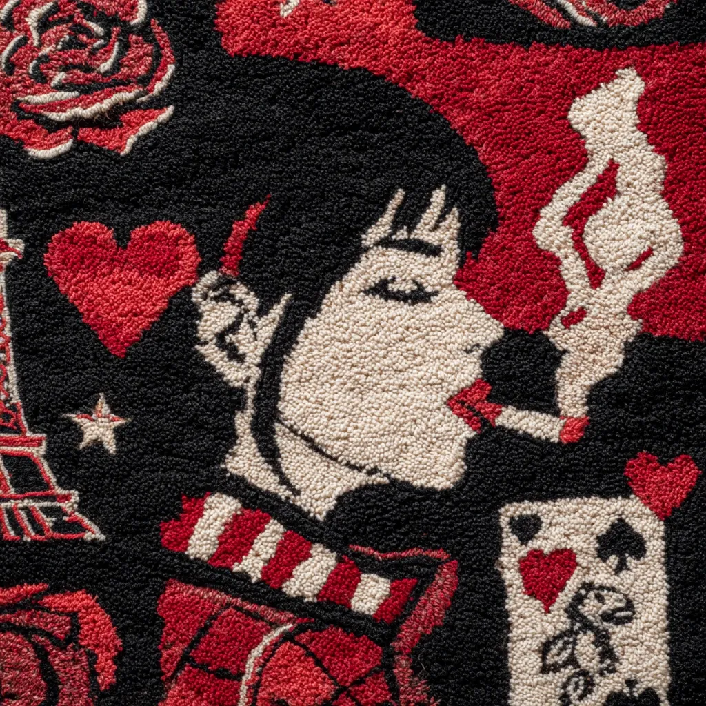A close-up shot of a richly textured textile artwork. The piece features a stylized portrait of a woman smoking, rendered in off-white yarn against a dark background.  Surrounding the central figure are red hearts, roses, a playing card, and a representation of the Eiffel Tower, all crafted in the same textured yarn style.  The overall color palette is a striking combination of red, black, and off-white. The texture suggests a form of needlepoint or punch needle embroidery.