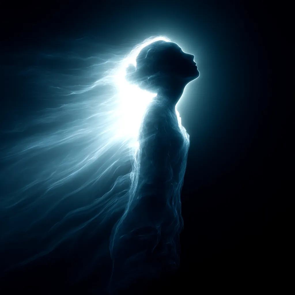 A stylized image depicts a female figure silhouetted against a dark background.  A bright, ethereal glow emanates from her head, resembling flowing energy or light, extending outward like a radiant stream. The figure's form is indistinct, almost dissolving into the light, creating a mystical and spiritual atmosphere.  The overall effect is one of transcendence or ascension.