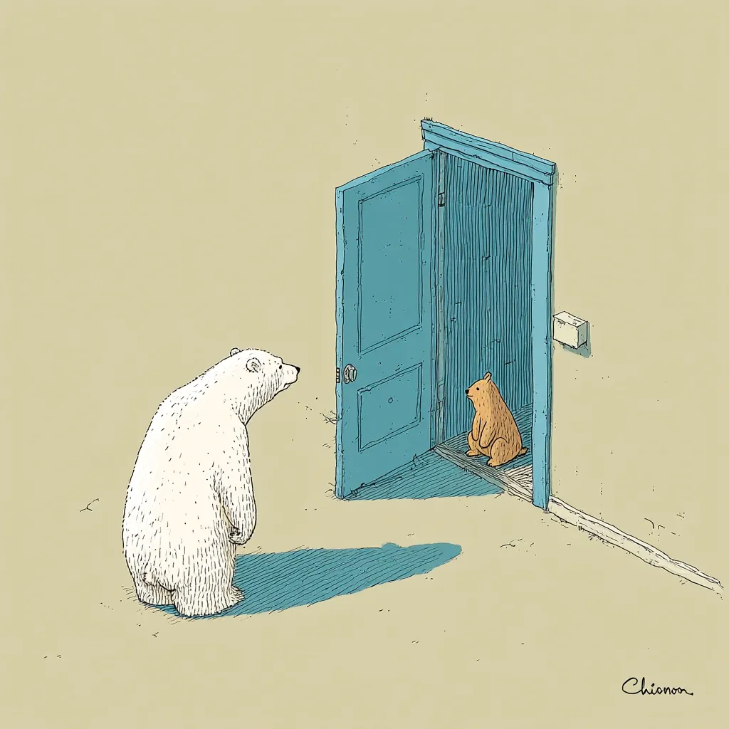 A polar bear stands outside an open door, gazing at a small brown bear sitting inside. The scene is illustrated in a minimalist style with muted colors.  The contrast between the sizes of the bears and the simple setting creates a poignant and somewhat surreal image. The overall feeling is one of quiet observation and unspoken interaction.