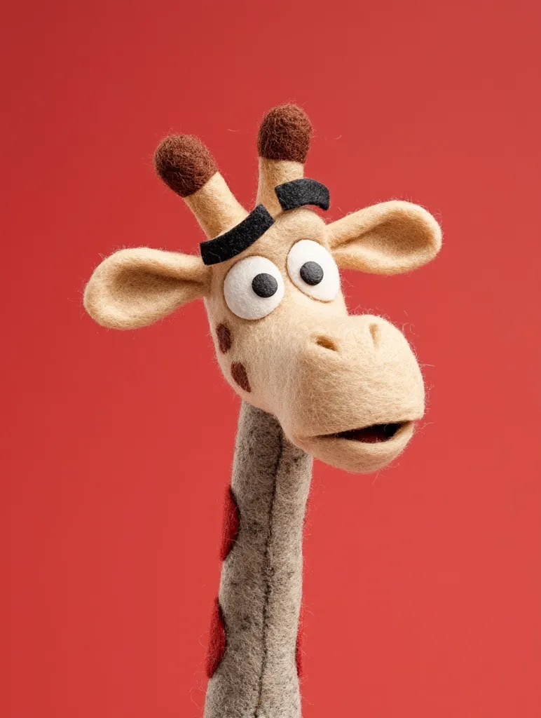 A close-up shot reveals a handcrafted felt giraffe puppet against a vibrant red backdrop.  The puppet's expressive features, including large eyes and subtly furrowed brows, suggest a slightly grumpy or concerned expression.  Its tan felt body is adorned with small, red felt spots along its neck. The giraffe's head is tilted slightly, adding to its characterful pose.