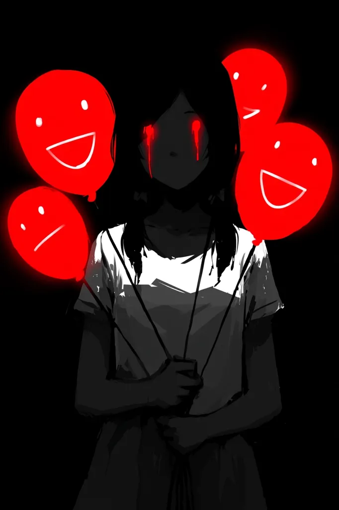 A grayscale anime-style girl with dark hair holds several bright red balloons with smiling faces.  Tears stream down her face, contrasting her sorrowful expression with the cheerful balloons, creating a visually striking image of internal conflict and hidden sadness.  The dark background emphasizes the girl's isolation.