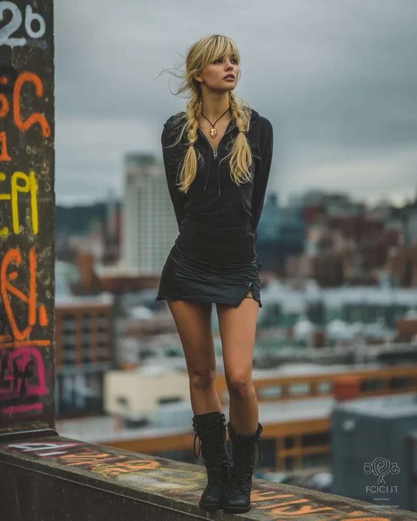 A blonde woman with pigtails stands on a graffiti-covered rooftop, gazing at a cityscape. She's dressed in a black zip-up hoodie, a short black leather skirt, and combat boots.  Her relaxed pose contrasts with the urban backdrop. A necklace with a pendant is visible.  The overall aesthetic is edgy and urban.